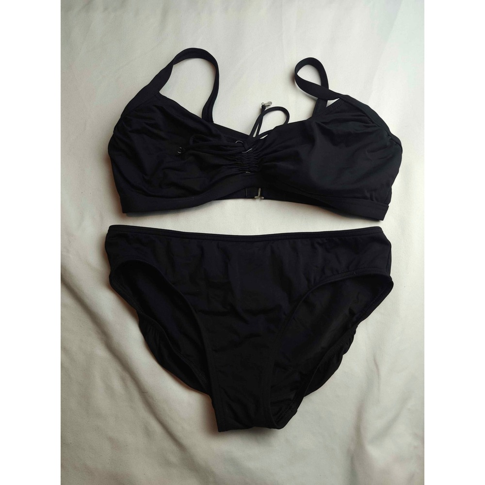 Lands End Black Two Piece Bikini Set Ruched Top Full Coverage Bottoms Size 8